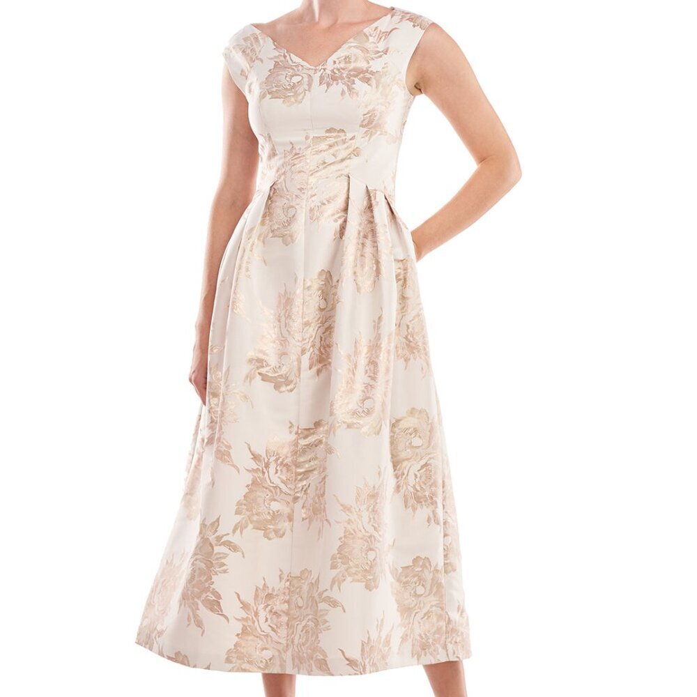 Kay Unger Champagne Tula Floral Metallic Jacquard Cocktail Dress